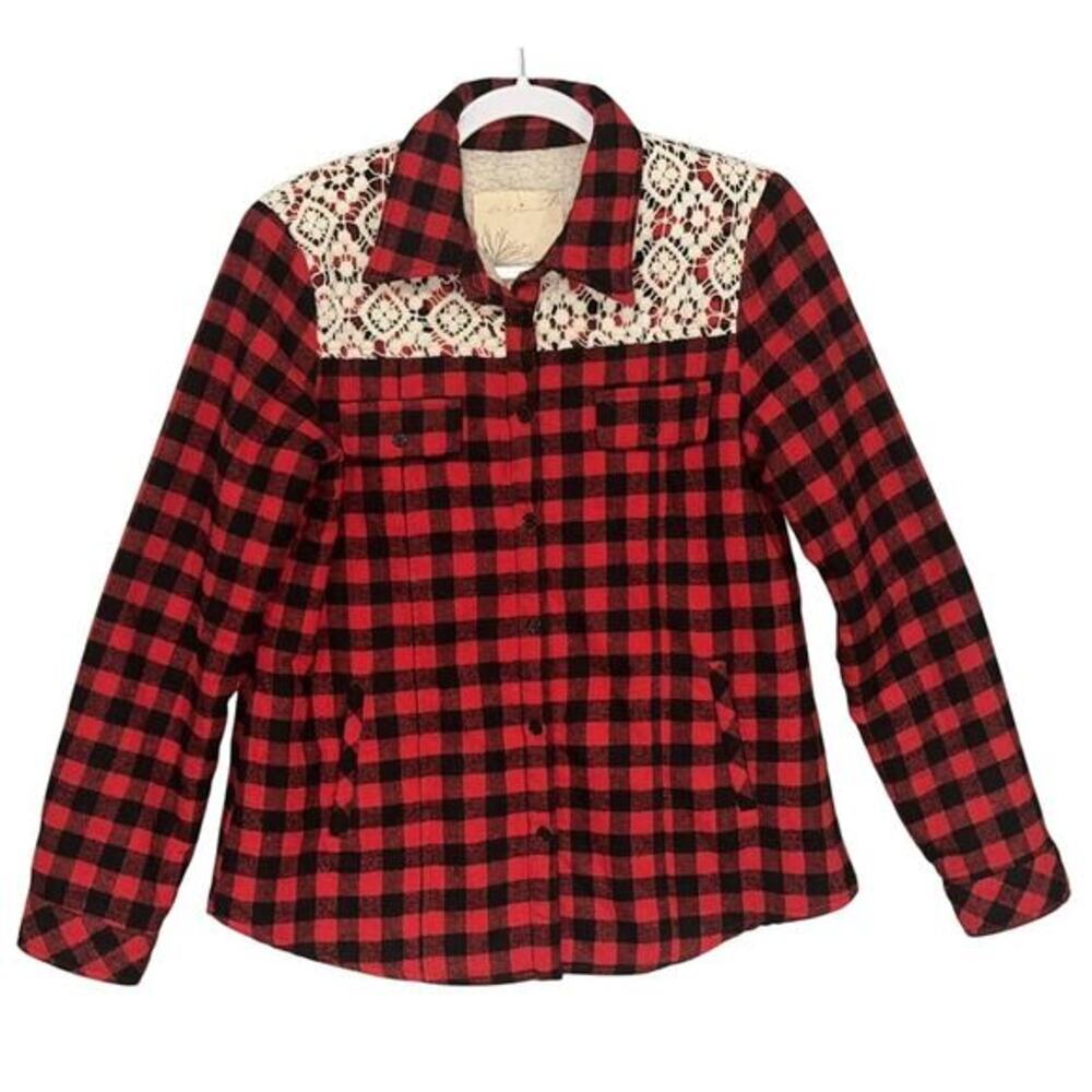 En Creme Sz M Buffalo Check Flannel Shacket Fleece Lined‎ Crochet Lace Sherpa
